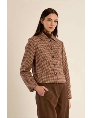Veste courte au motif pied-de-poule rouge foncé, mini jupe assortie - Référence : G955EH