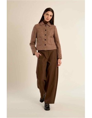Veste courte au motif pied-de-poule rouge foncé, mini jupe assortie - Référence : G955EH