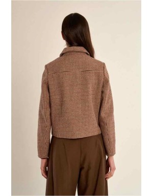 Veste courte au motif pied-de-poule rouge foncé, mini jupe assortie - Référence : G955EH