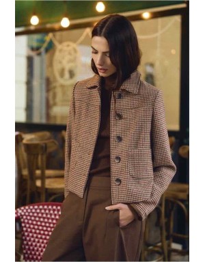 Veste courte au motif pied-de-poule rouge foncé, mini jupe assortie - Référence : G955EH