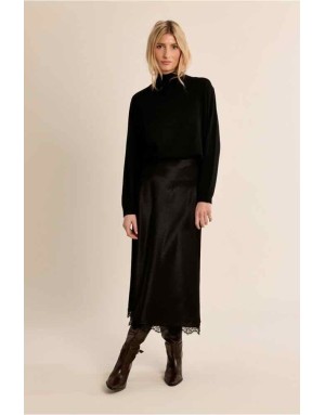 Jupe satinée noire, finition dentelle, taille haute — Référence : T2285EN