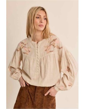 Blouse écrue en coton, brodée de motifs floraux parsemés de sequins discrets Référence : ZP147EH