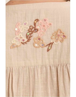 Blouse écrue en coton, brodée de motifs floraux parsemés de sequins discrets Référence : ZP147EH