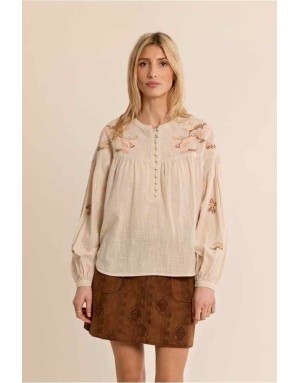 Blouse écrue en coton, brodée de motifs floraux parsemés de sequins discrets Référence : ZP147EH
