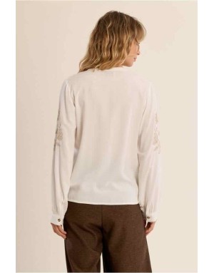 chemise blanc cassé col mao, broderies florales sur la manche Référence : ZM148EH