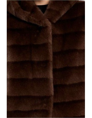 veste à capuche, fausse fourrure vison, coloris chocolat - Référence : HAL67EH