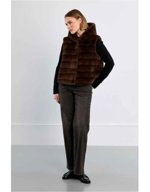 veste à capuche, fausse fourrure vison, coloris chocolat - Référence : HAL67EH