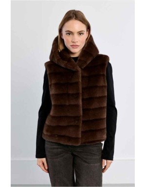 veste à capuche, fausse fourrure vison, coloris chocolat - Référence : HAL67EH