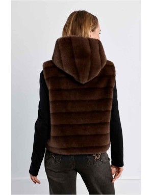veste à capuche, fausse fourrure vison, coloris chocolat - Référence : HAL67EH