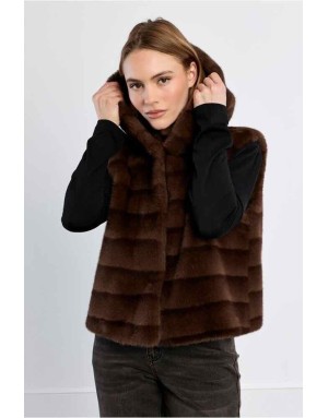 veste à capuche, fausse fourrure vison, coloris chocolat - Référence : HAL67EH