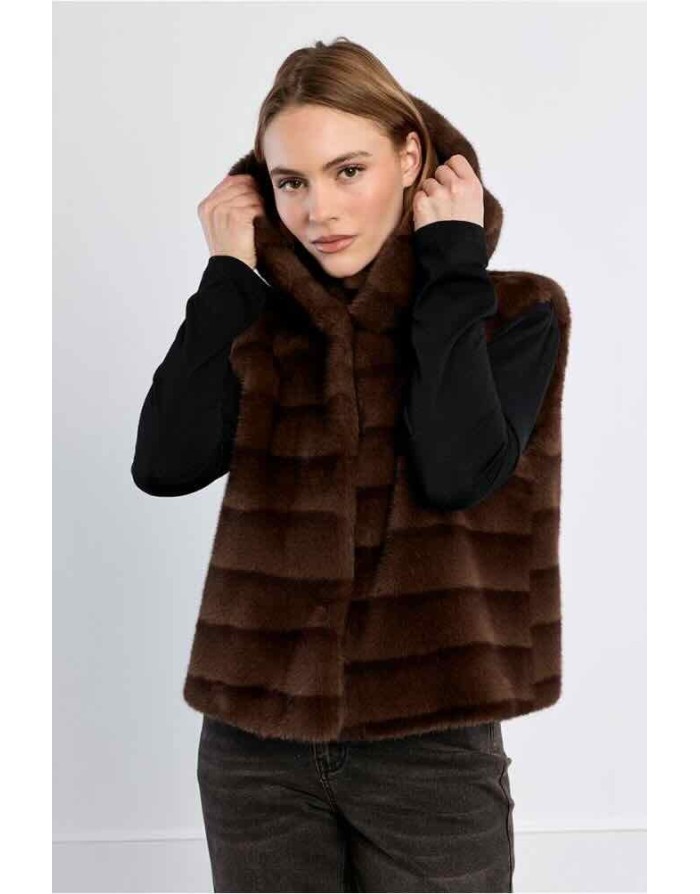 veste à capuche, fausse fourrure vison, coloris chocolat - Référence : HAL67EH