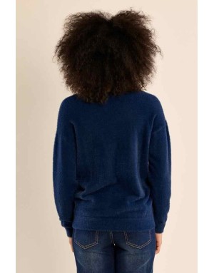 pull en maille duveteuse façon doudou, coloris denim - Référence : LA1826EN