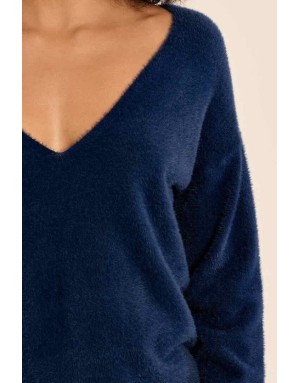 pull en maille duveteuse façon doudou, coloris denim - Référence : LA1826EN