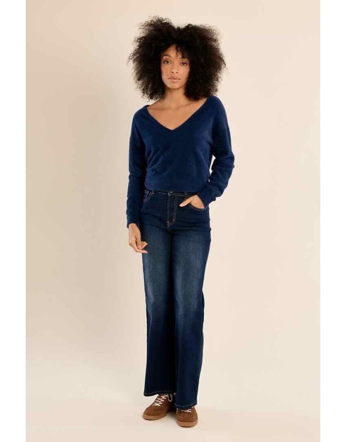 pull en maille duveteuse façon doudou, coloris denim - Référence : LA1826EN