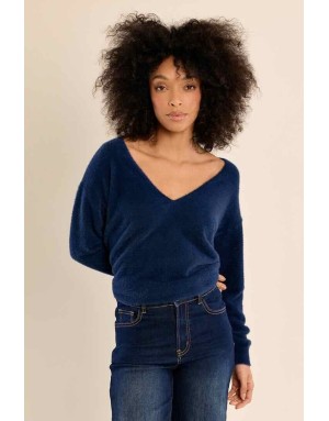 pull en maille duveteuse façon doudou, coloris denim - Référence : LA1826EN