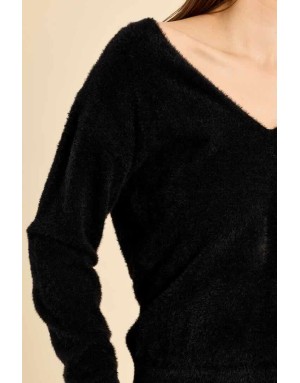 pull en maille duveteuse façon doudou, coloris noir - Référence : LA1826EN