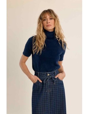 pull à manches courtes en maille duveteuse façon doudou, coloris denim - référence LA2021EN
