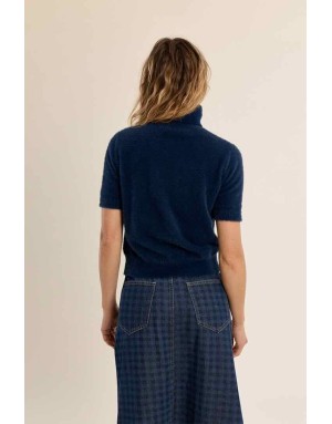 pull à manches courtes en maille duveteuse façon doudou, coloris denim - référence LA2021EN