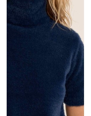 pull à manches courtes en maille duveteuse façon doudou, coloris denim - référence LA2021EN
