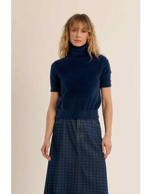 pull à manches courtes en maille duveteuse façon doudou, coloris denim - référence LA2021EN