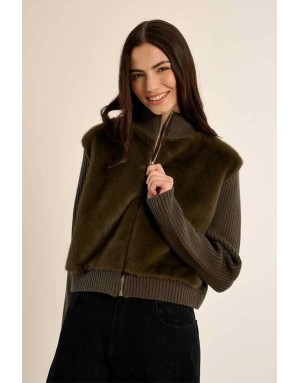veste bi-matière kaki, façon fausse fourrure - référence : LA2001EH