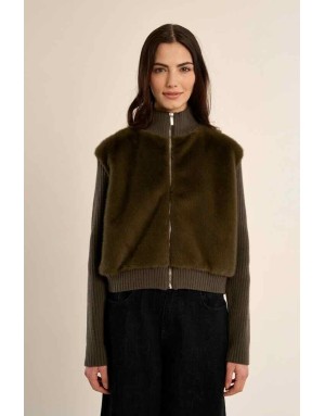 veste bi-matière kaki, façon fausse fourrure - référence : LA2001EH