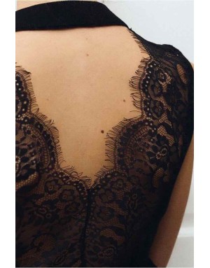 Top noir dos nu en dentelle festonnée - Référence : LA2008EN