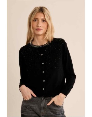 gilet noir en maille, à l'encolure ronde strassée et semé de strass sur le buste. Référence : LAF142EN