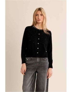 gilet noir en maille, à l'encolure ronde strassée et semé de strass sur le buste. Référence : LAF142EN