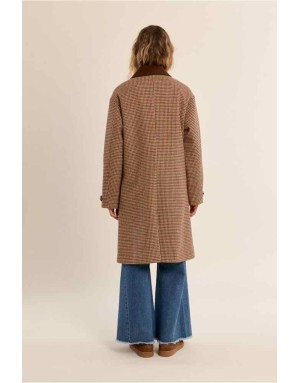 Trench-coat imprimé pied-de-poule, col chemisier en velours côtelé. Référence : G994EH