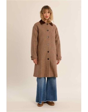 Trench-coat imprimé pied-de-poule, col chemisier en velours côtelé. Référence : G994EH