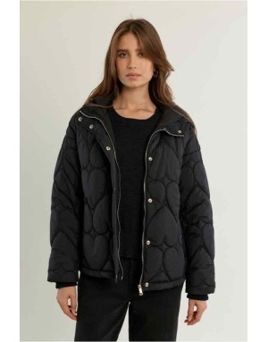 Doudoune à capuche matelassée, motif ♡, coloris noir. Référence : HA128EH
