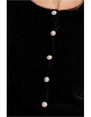 Gilet noir en maille duveteuse, boutons fantaisie perlés — Référence : LA1825EN