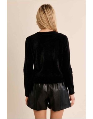 Gilet noir en maille duveteuse, boutons fantaisie perlés — Référence : LA1825EN
