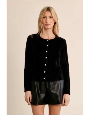 Gilet noir en maille duveteuse, boutons fantaisie perlés — Référence : LA1825EN