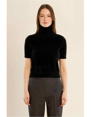 Pull manches courtes, maille duveteuse façon doudou, col roulé et coupe ajustée. Référence : LA2021EN