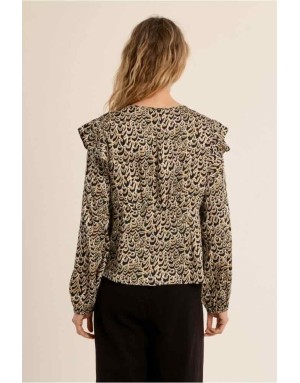 Blouse imprimé graphique noir et doré, épaulettes à nouer et d'une encolure V à lacet — Référence P1883EN