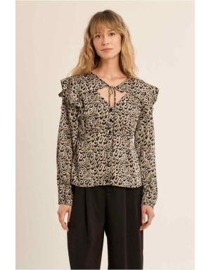 Blouse imprimé graphique noir et doré, épaulettes à nouer et d'une encolure V à lacet — Référence P1883EN