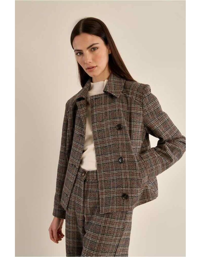 Veste courte à carreaux marron et rouille, au double boutonnage et col chemisier - Référence : P1894AEN