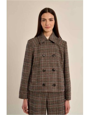 Veste courte à carreaux marron et rouille, au double boutonnage et col chemisier - Référence : P1894AEN