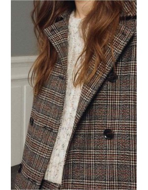 Veste courte à carreaux marron et rouille, au double boutonnage et col chemisier - Référence : P1894AEN