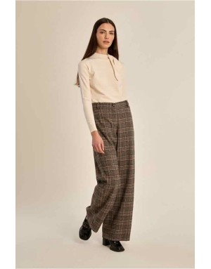 Pantalon tailleur à carreaux marron et rouille, taille haute et coupe évasée —ensemble tailleur Référence : P1895EN