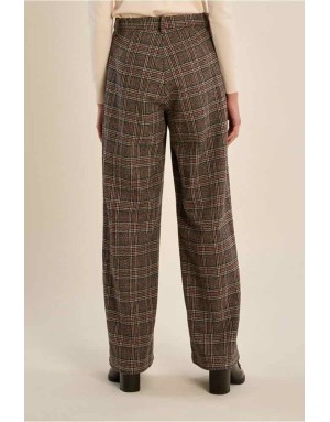 Pantalon tailleur à carreaux marron et rouille, taille haute et coupe évasée —ensemble tailleur Référence : P1895EN