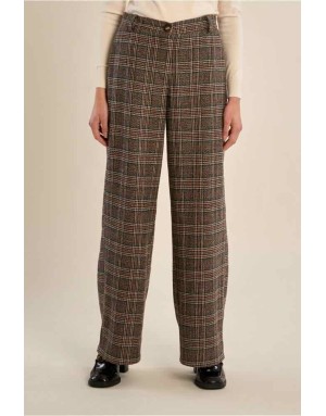 Pantalon tailleur à carreaux marron et rouille, taille haute et coupe évasée —ensemble tailleur Référence : P1895EN