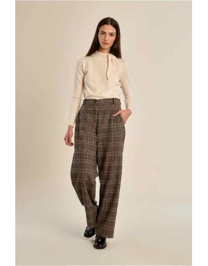 Pantalon tailleur à carreaux marron et rouille, taille haute et coupe évasée —ensemble tailleur Référence : P1895EN