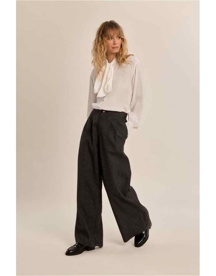 Pantalon noir chiné à taille haute élastiquée et larges plis devant — Référence : P1911EN