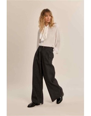 Pantalon noir chiné à taille haute élastiquée et larges plis devant — Référence : P1911EN