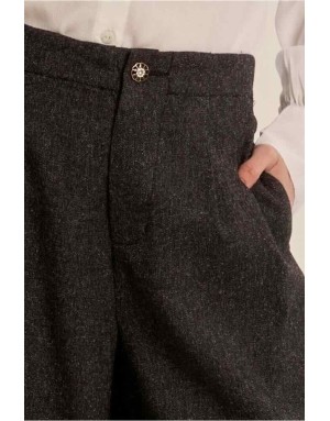Pantalon noir chiné à taille haute élastiquée et larges plis devant — Référence : P1911EN
