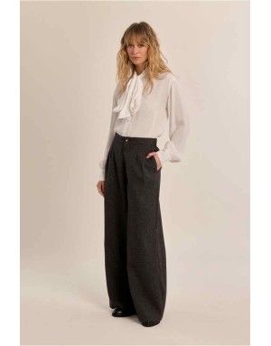 Pantalon noir chiné à taille haute élastiquée et larges plis devant — Référence : P1911EN