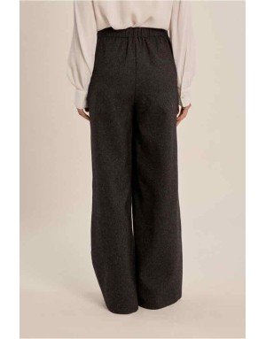 Pantalon noir chiné à taille haute élastiquée et larges plis devant — Référence : P1911EN